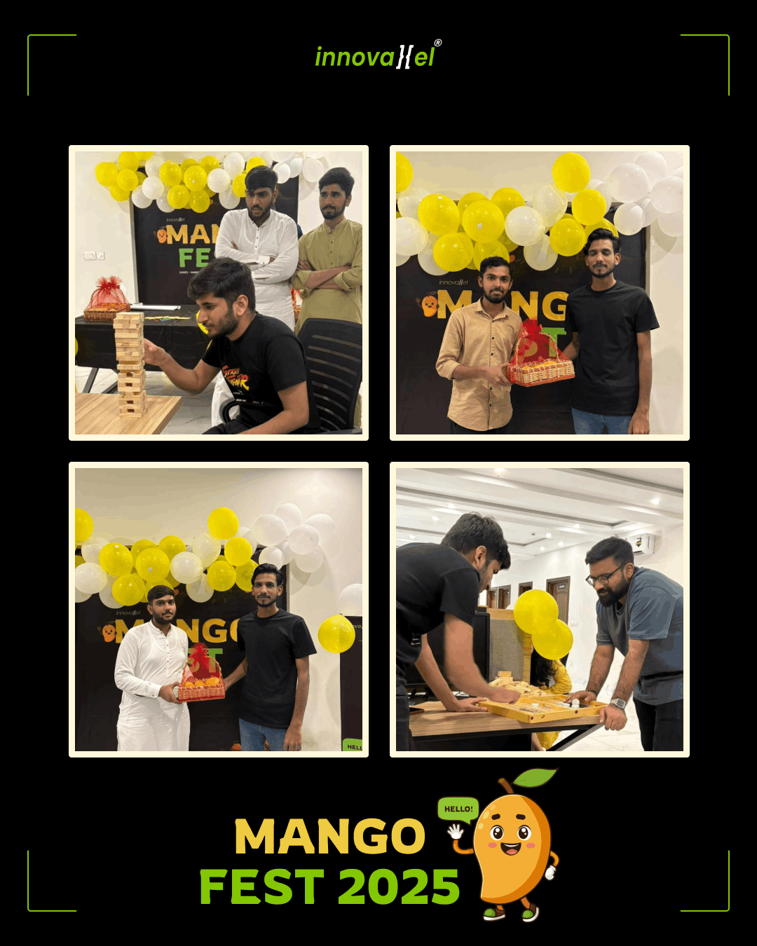 Team members stacking a Jenga tower during Mango Fest